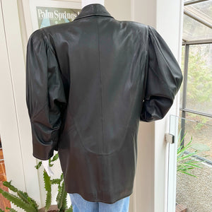 Black Puff Shoulder Leather Coat