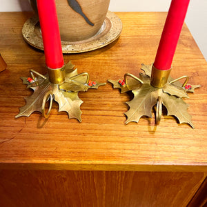 Brass Holly Candlestick Holders (2)